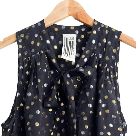 Free People Silk Geometric Gold and Silver Polka Dot Print Top - Black - Picture 3 of 7